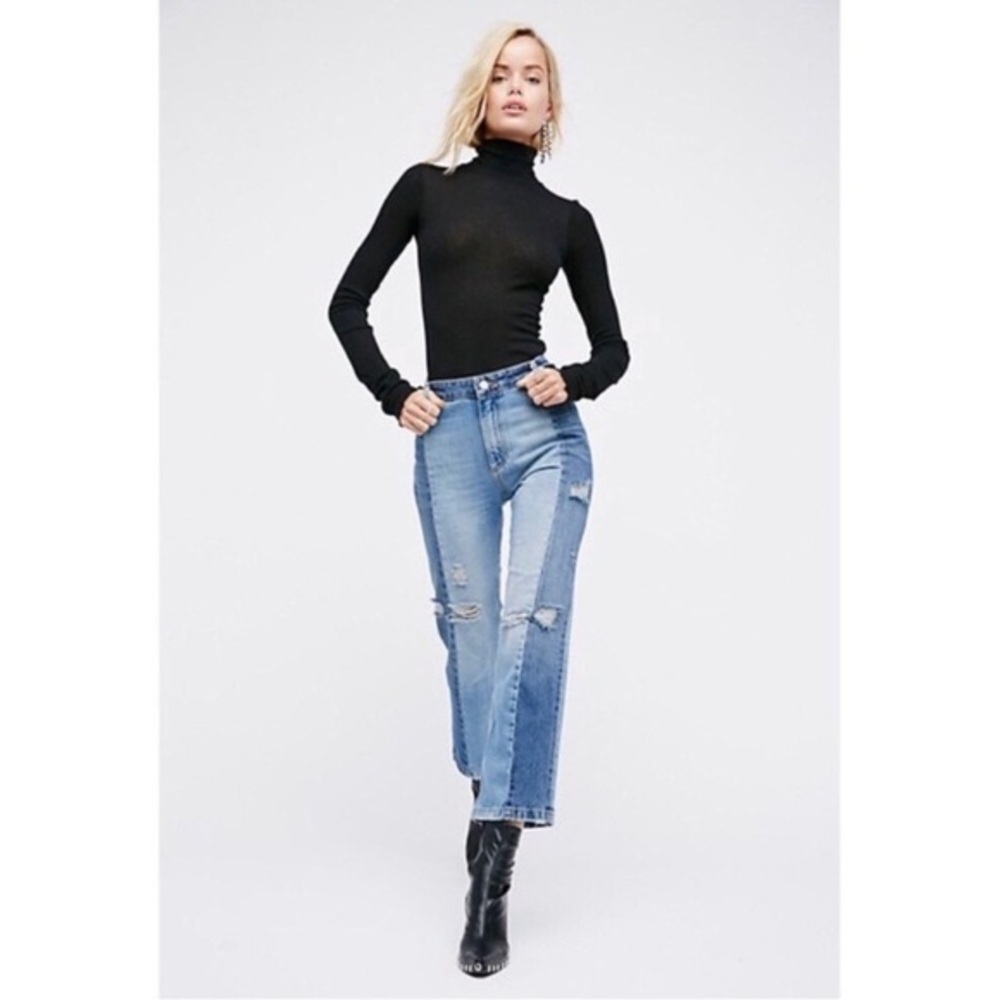 Free People Two-Toned High-Waist Distressed 3/4 Straight Denim Jeans Size 26